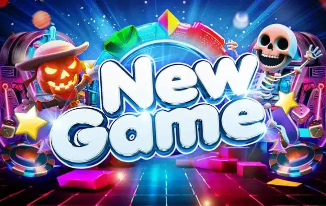 การ์ดหมวดเกมเปิดใหม่ เป็นภาพตัวละครหัวฟักทองสวมหมวกปีกกว้างกับโครงกระดูกการ์ตูนยืนขนาบข้างบนลานกระเบื้องเรืองแสง มีอัญมณีสีสดและดาวกระจายอยู่ และมีข้อความ New Game ตัวหนาอยู่กลางภาพ