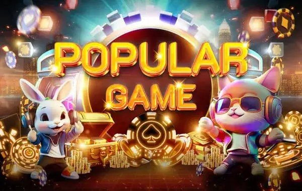 การ์ดหมวดเกมยอดนิยม เป็นภาพกระต่ายการ์ตูนกับแมวการ์ตูนสวมแว่นกันแดดและหูฟัง ยืนขนาบข้างหีบสมบัติที่มีเหรียญล้นออกมา มีชิปคาสิโนลายโพดำลอยอยู่รอบ และมีข้อความ POPULAR GAME ตัวหนาอยู่กลางภาพ